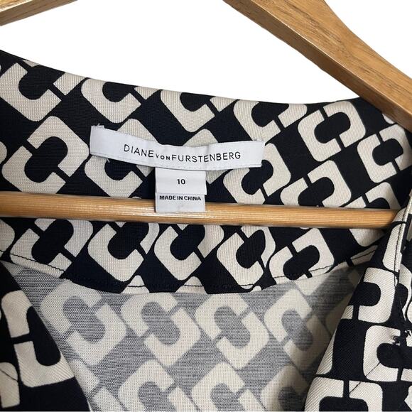 Diane Von Furstenberg Reina Silk Chain Link Shift Dress Black White Size 10 - Picture 10 of 12
